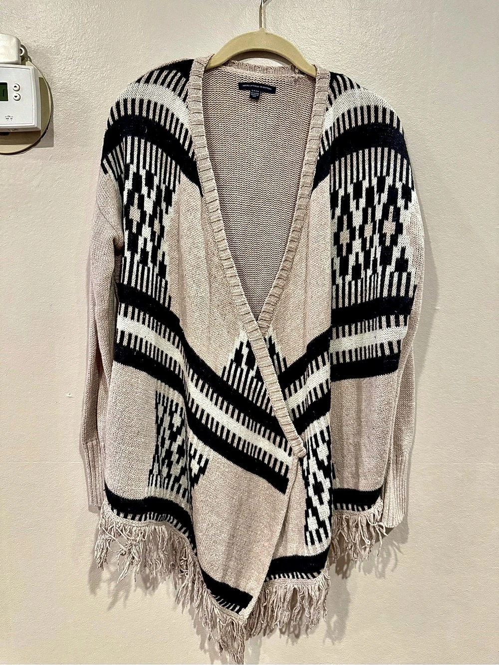 American Eagle Outfitters Geometric Fringe Cardigan Cream & Black Size Small